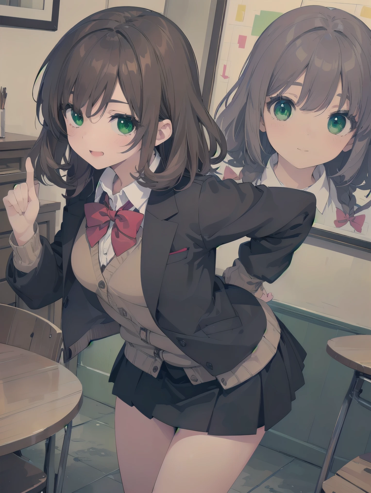 ((Tabletop, highest quality, High resolution, Perfect Pixel, Depth of written boundary, 4K))), One Girl, single, alone, Beautiful Anime Girls, Beautiful art style, Anime characters, ((Long Hair, bangs, Dark brown hair, Curly Hair:0.8)), ((Green Eyes:1.4, Fine grain, Beautiful Eyes, Perfect Eyes,Curled eyelashes, Realistic eyes)), ((Detailed face, Blushing:1.2)), ((Smooth texture:0.75, Realistic texture:0.5, Anime CG Style)), Medium chest, Dynamic Angle, Big Breasts, Perfect body, Dynamic pose, ((Red bow tie, , Black jacket, Open jacket, Brown cardigan, White shirt, Black Skirt, Checked skirt)), smile, Open your mouth, Put your arms behind your back, Leaning forward, Amalment Park
