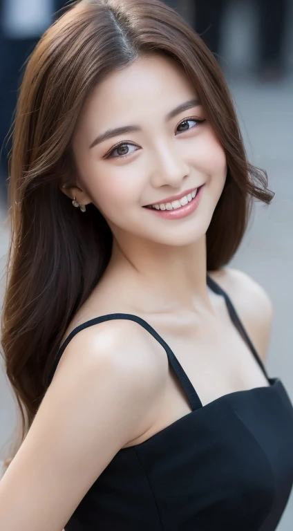 ((highest quality, 8k, masterpiece :1.3)), One girl, smile, whole body, Slim face, Beautiful woman, (Dark brown hair), Full-length dress :1.1, Highly detailed face, Fine grain, double eyelid, Blur the background, Slim face, city, outside, street,