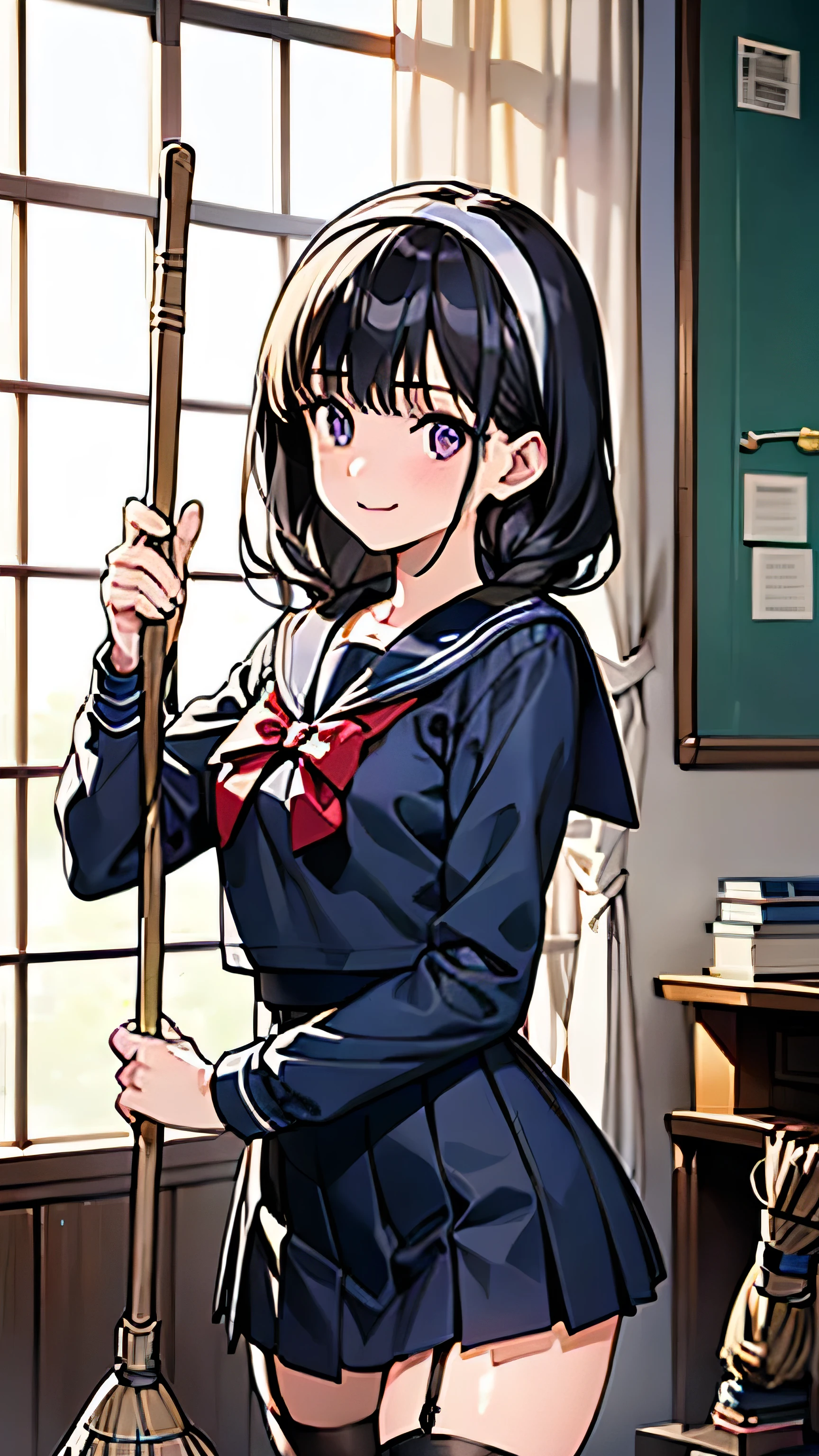 sailor uniform, sailor suit, one woman, (A beauty woman, Delicate high school girl:1.3), 8K, highest quality, masterpiece, Very detailed, Ultra-high resolution, Realistic, RAW Photos, Absolute Resolution, Black Hair, Braided Hair, Small face compared to body, Very small face, Black Hair, Navy blue sailor suit, Navy Blue Skirt, High school girl in sailor suit, 2D Rendering of Anime, realistic young anime school girl, , ((White headband)), Small breasts, tall, Slanted Eyes, Purple Eyes, Black Stockings, garter belt, smile, pet Shop, (Cleaning with a broom:1.3),