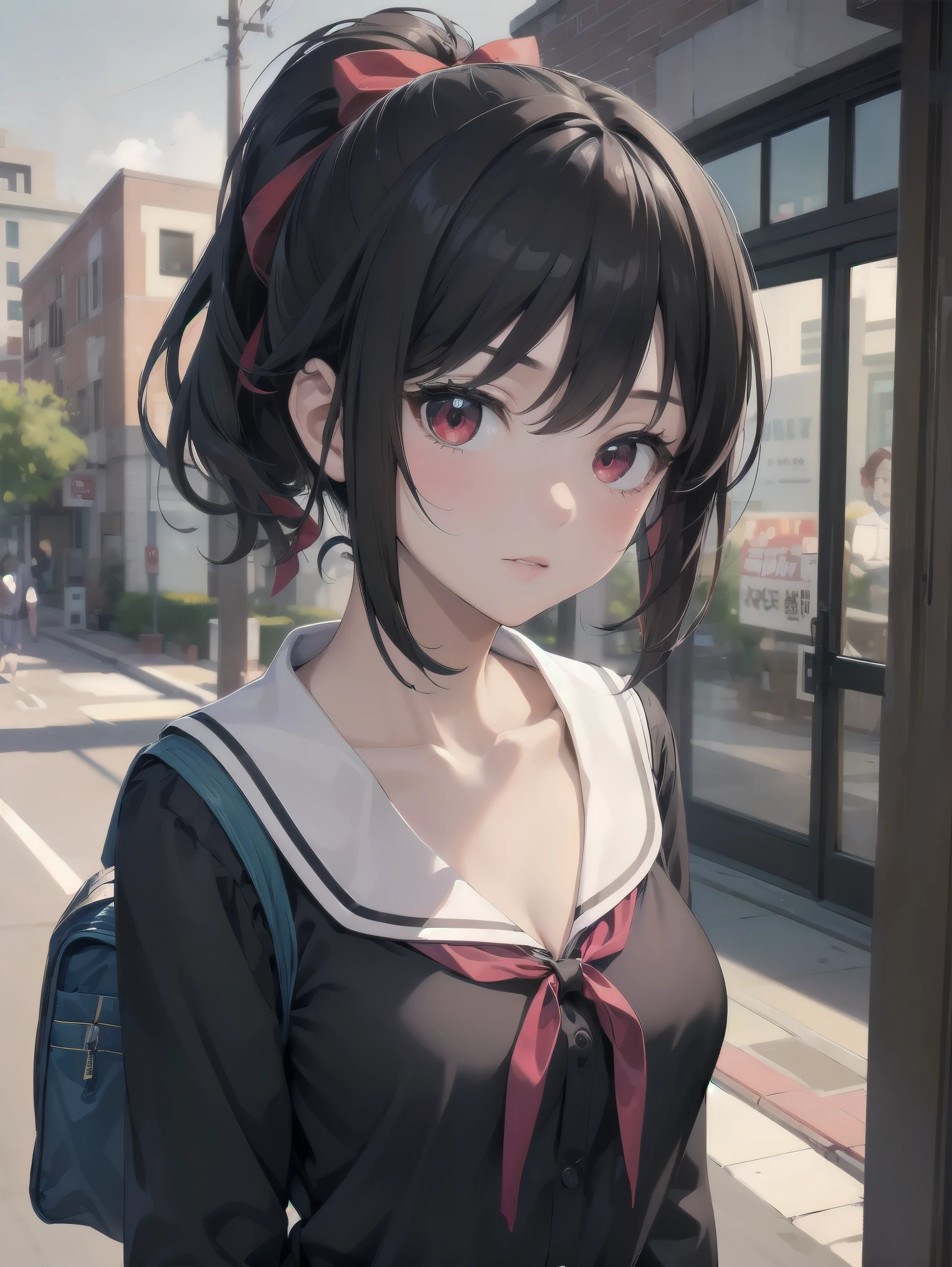 Masterpiece, top quality, super detailed, 16k, One girl, spring, high school, warm colors, school bag, accurate and highly detailed background, flock of schoolgirls in uniforms of various body shapes and hairstyles, cute. Blake. , red eyes, black hair, ribbon, red ribbon, hair ribbon, parted bangs, folded ponytail, , shuuchiin academy , dress, sidelocks, breasts, black dress, collarbone, short hair, long sleeves