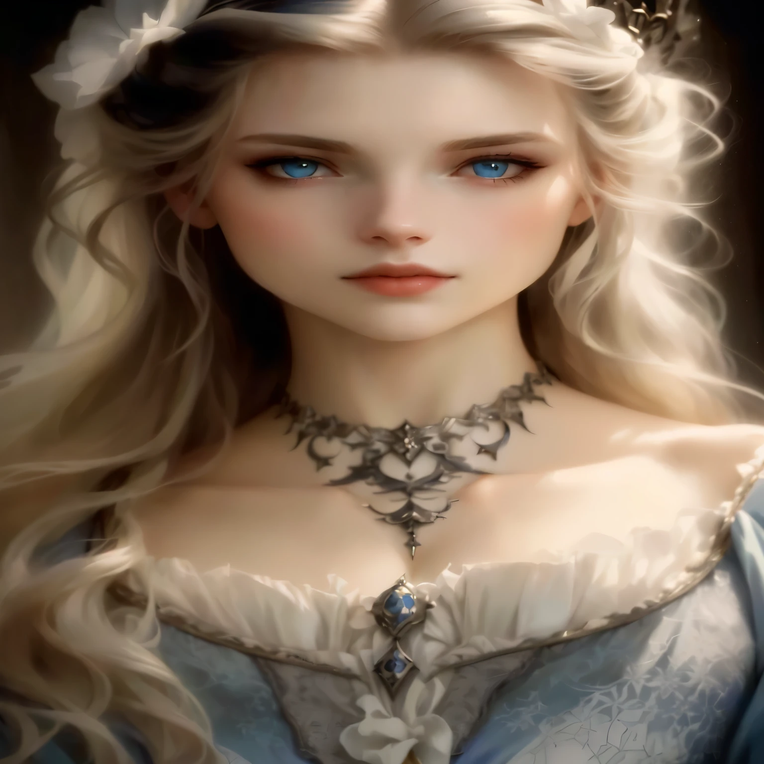 uma mulher com longos cabelos loiros usando um vestido azul e um colar, linda donzela, rosto fofo. Fantasia negra, linda donzela de fantasia, linda princesa , porcelain pale skin, uma linda mulher vitoriana, Ethereal beauty, pale porcelain white skin, retrato muito bonito, ivory pale skin, fair and pale skin!!, lindo retrato de fantasia, an elegant gothic princess