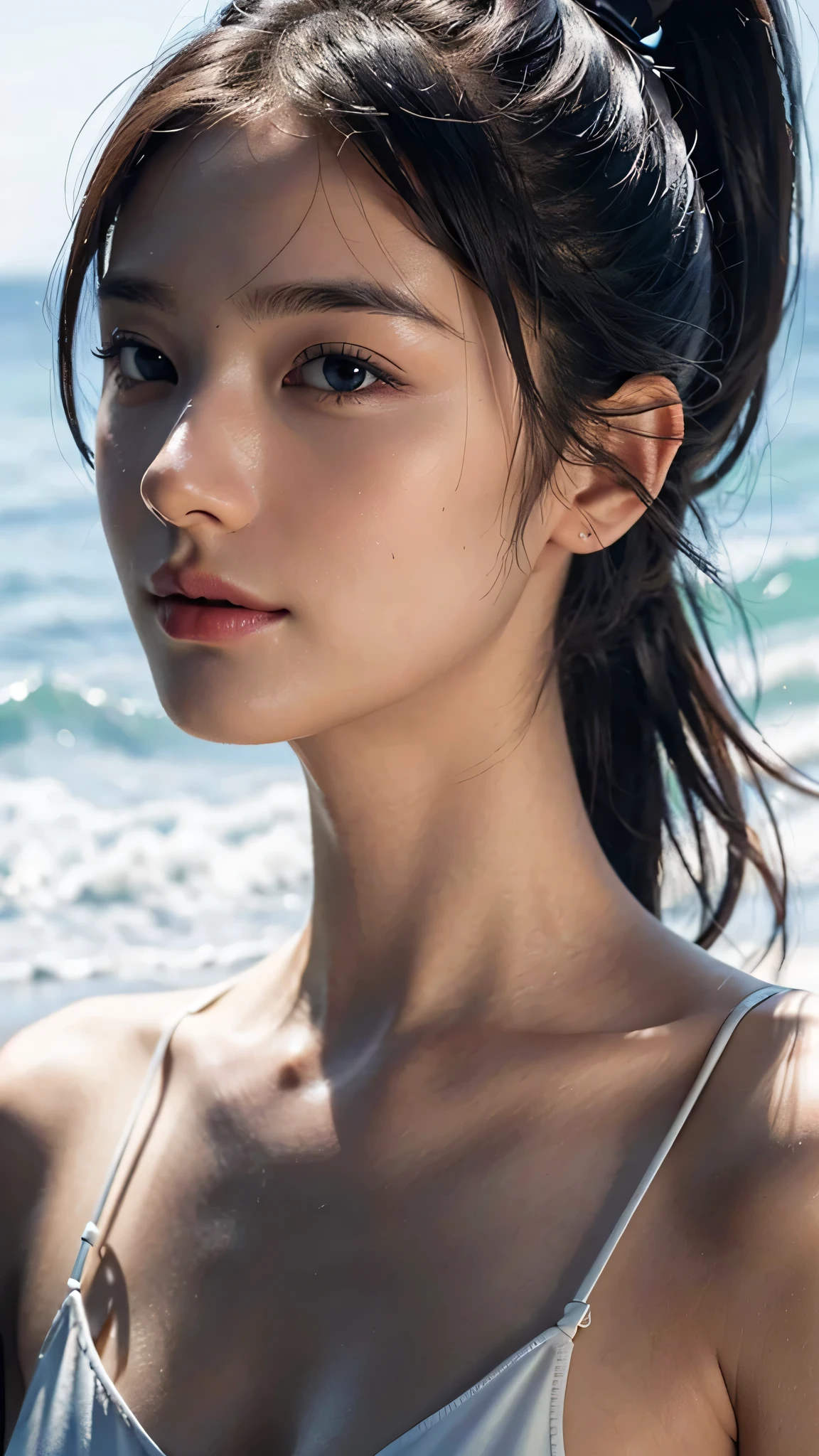Beach, white bikini,close-up of face,One woman,fully body photo,masutepiece, The highest image quality, High quality, the background is clear,Beautiful woman, Japanese, Detailed, Detailed eyes, Detailed skin, Beautiful skin, 超hight resolution, (reality: 1.4),Very beautiful woman, Slightly younger face, Beautiful skin, slender, (Ultra photo realsisim), (hight resolution), (8K), (Very detailed) (beautifully detailed eyes), (super detailed), (Detailed face), view the viewer, Fine details, Detailed face, Staring straight ahead, Staring straight ahead, photos realistic, Bright lighting, Professional Lighting, Black hair,poneyTail,a baby face,sixteen years old,Hairstyle: ponytail,Long ponytail hairstyle,slight smile,