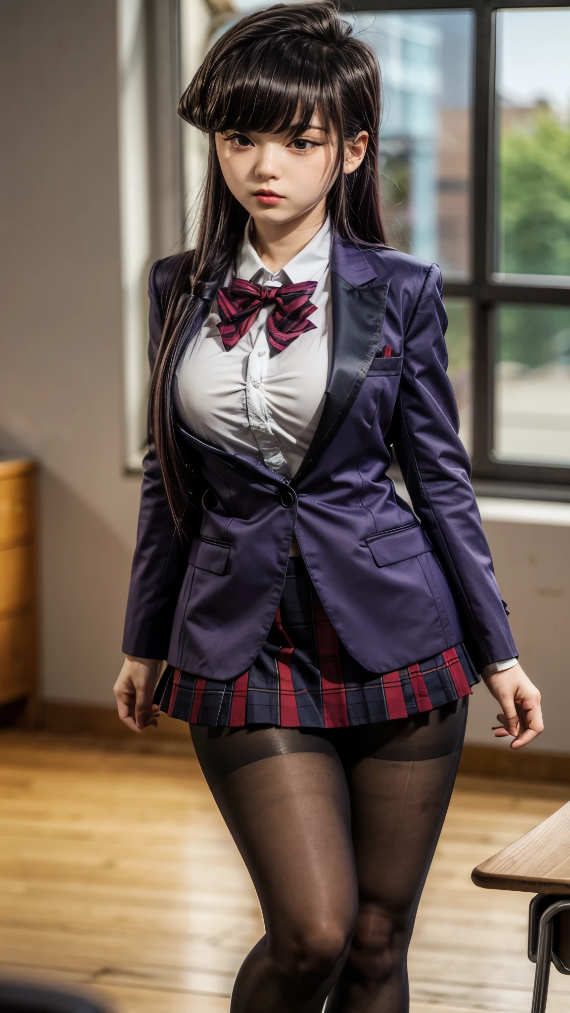 shokokomidef, purple hair, purple eyes, long hair, large breasts, thick thighs, curvy hips 
absurdres, 1girl, looking at viewer, standing, v arms, pantyhose, classroom, upper body, , red skirt, red bow, blazer,
masterpiece, best quality,