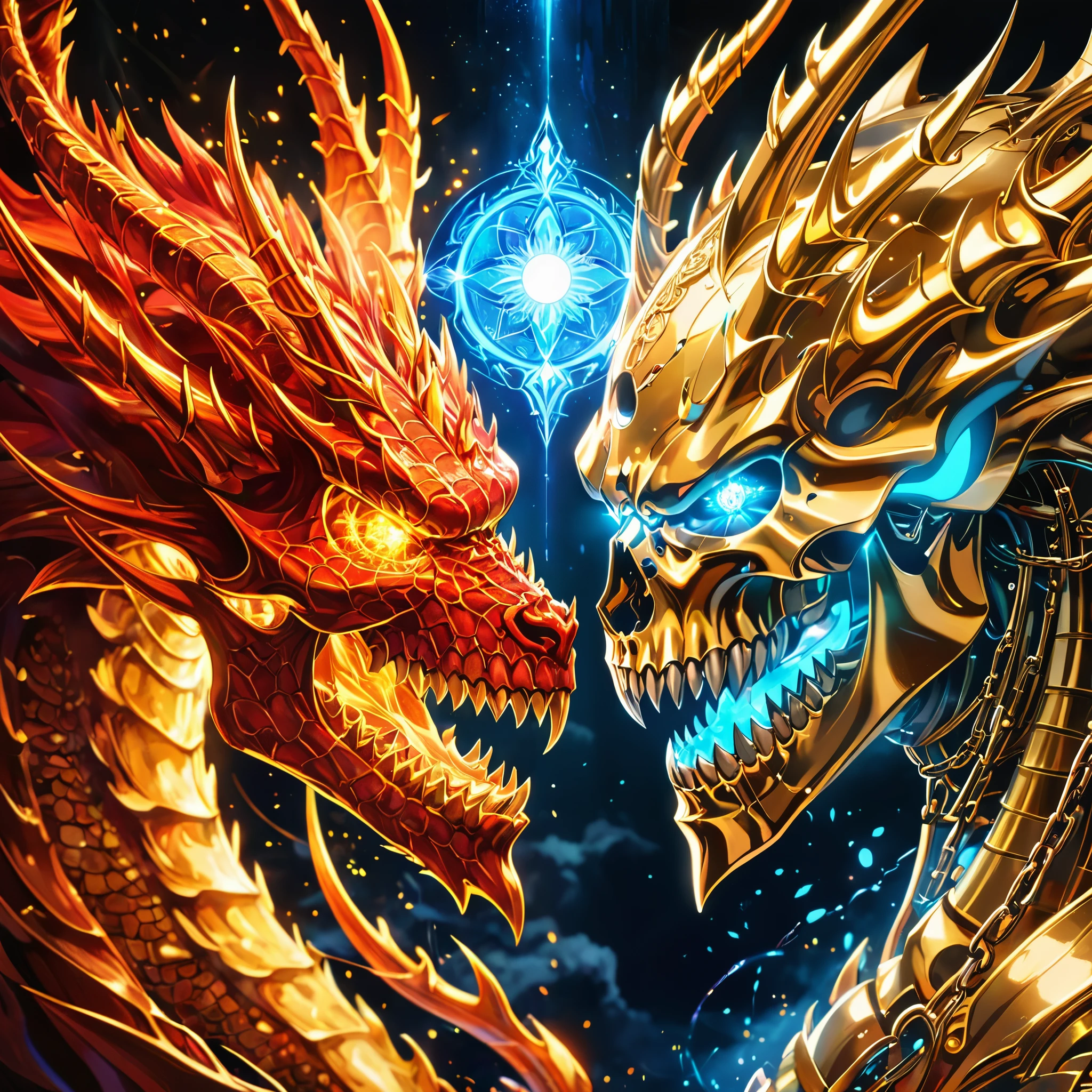 Hyper Detailed, Cinematic Light, Intricate Detail, Official Art, Detailed Glow, Tonalism, Gothic art, by Alfons Mucha, Masterpiece, Best Quality, Highres,((splitscreen of ice skull and fire dragon sskull)), red skull, blue dragon, Steel claws, neon glowing teeth, portrait, (((Gold Jewelry))), (eyes's pupil is composed of a moon-shaped image.:1.2), Miracle, Dark atmosphere, Black Forest background, ((blue Neon glowing)), Characteristics of dragons, Jewelry accessories, Diffraction peak, Vibrant colors, Concept Artist, Electronic Links, Metal chains, SplitScreen art, Surreal fantasy style