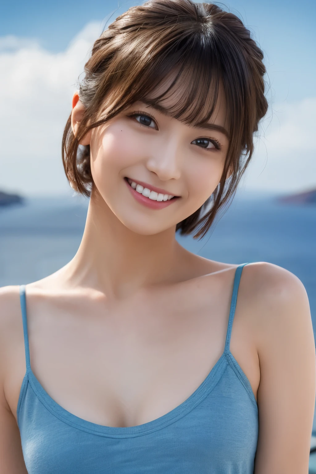 One Girl, (Camisole with wide open chest:1.4),(Very small breasts:1.5)、 (RAW Photos, highest quality), (Realistic, Photorealistic:1.4), Tabletop, Very delicate and beautiful, Very detailed, 2k wallpaper, wonderful, In detail, Very detailedな CG Unity 8K 壁紙, Very detailedな, High resolution, Soft Light, Beautiful detailed girl, Very detailedな目と顔, Beautifully detailed nose, Beautiful fine details, short hair, small, The White House of Santorini, Blue sky and the Aegean Sea,
 Cinema Lighting, Perfect Anatomy, Slender body, smile, Midsummer rays