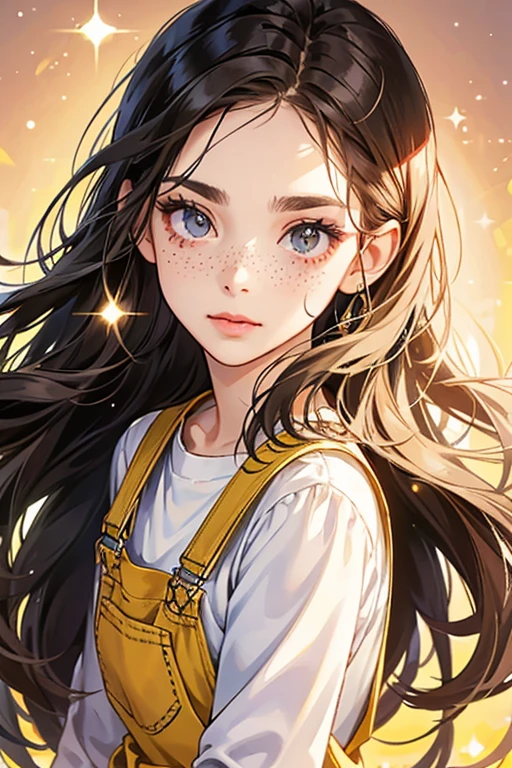 She has long, dark hair, a small, slightly-upturned nose, and freckles. She commonly wears overalls and a light shirt. SPARKLE; GLITTER