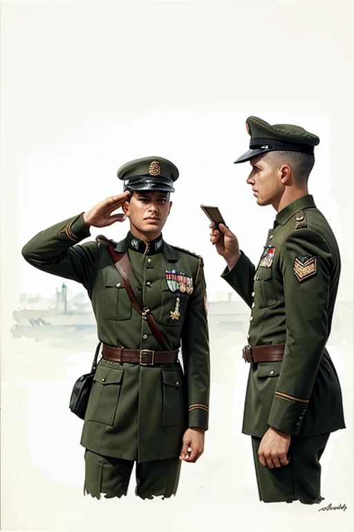 Draw in watercolor a soldier giving an order to a soldier saluting