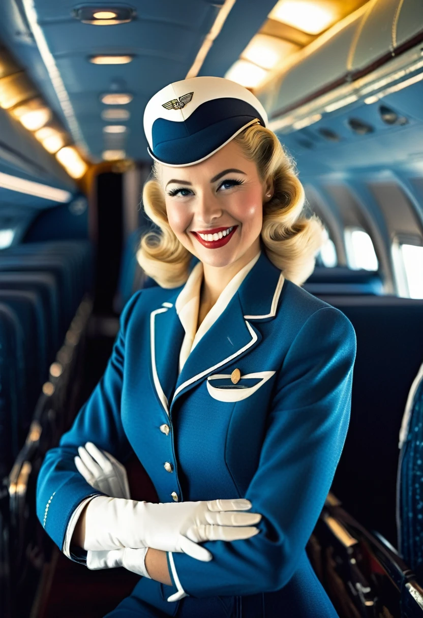 A captivating, high-quality rendering of a stunning young Swedish smiling Stewardess, aged 26, with a beautiful, stylish 1952s Airline Uniform in Light-blue and white with the lettering “PAN AM” on her blue Jacket, with white gloves with curly long blonde hairdo of the 1950s and an Airline “PAN AM” cap on, standing inside the fuselage of an 1950s airliner, inside in the center aisle with seat rows, standing in front of open silver door leading to the two man crew cockpit of the airliner of a 1950s Airliner, Stewardess has an old 1950s silver Microphone in her hand, is photorealistic, showcasing authentic lighting, detailed airplane Cessna wrecks and toolboxes and realistic building with a small German flag. The overall atmosphere is lively and dynamic, with atmospheric lighting enhancing the cinematic fee