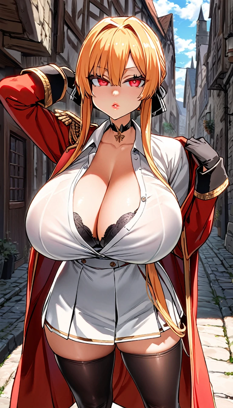 monarch \(azur lane\), \(azur lane\), 1girl, blond hair, red eyes, thick lips, masterpiece, best quality, highres, huge breasts, (black bra), bra peek, looking at viewer, expressionless, cleavage, collar bone, tight white shirt, unbuttoned shirt, collared shirt, military uniform, red_military_jacket, sleeves_past_wrists, black gloves, black choker, white skirt, pleated skirt, black thighhighs, skinny, posing, medieval streets at a sunny day, clouds, backlighting