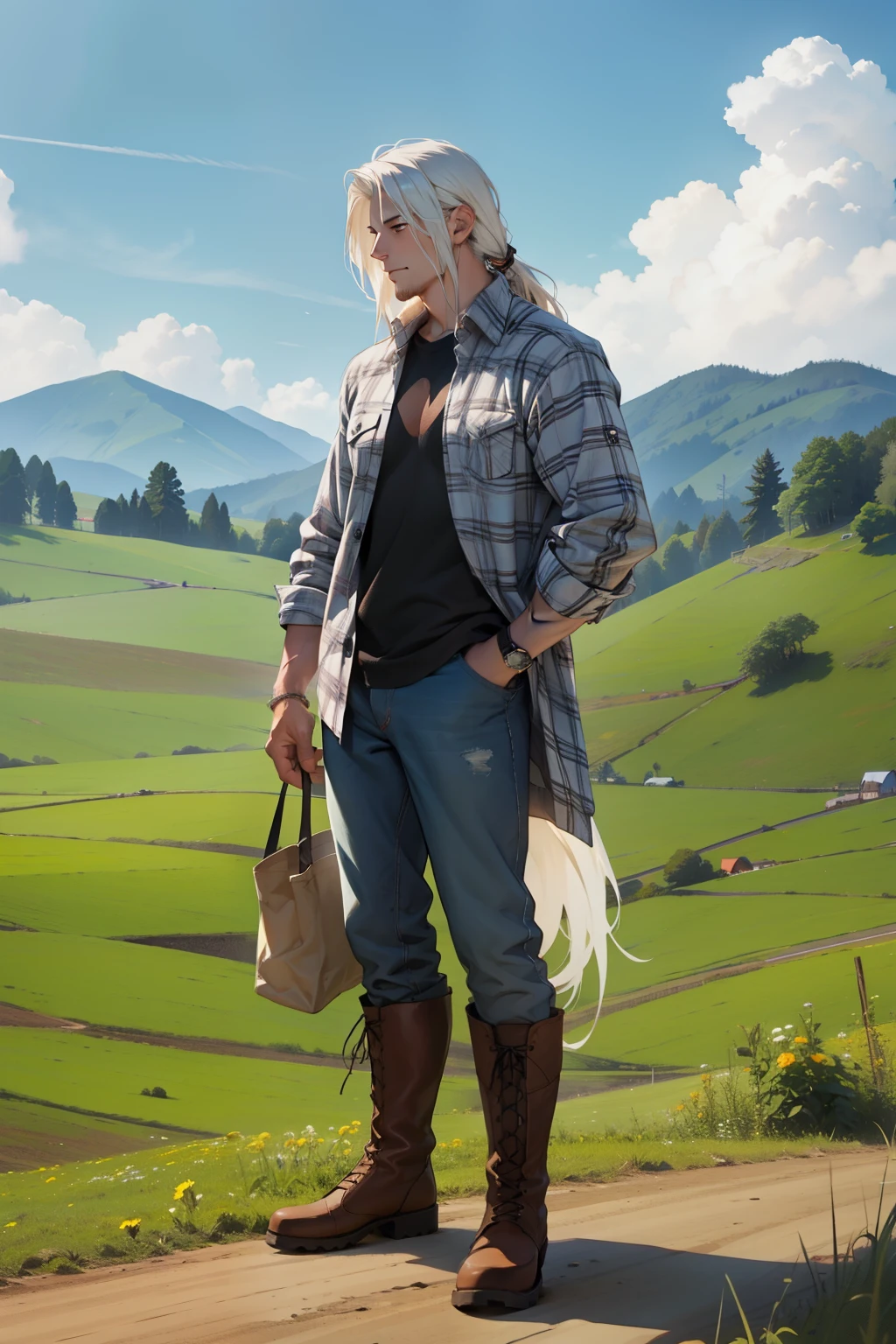 (1 man), very long white hair, muscular, flannel shirt, boots, farm background