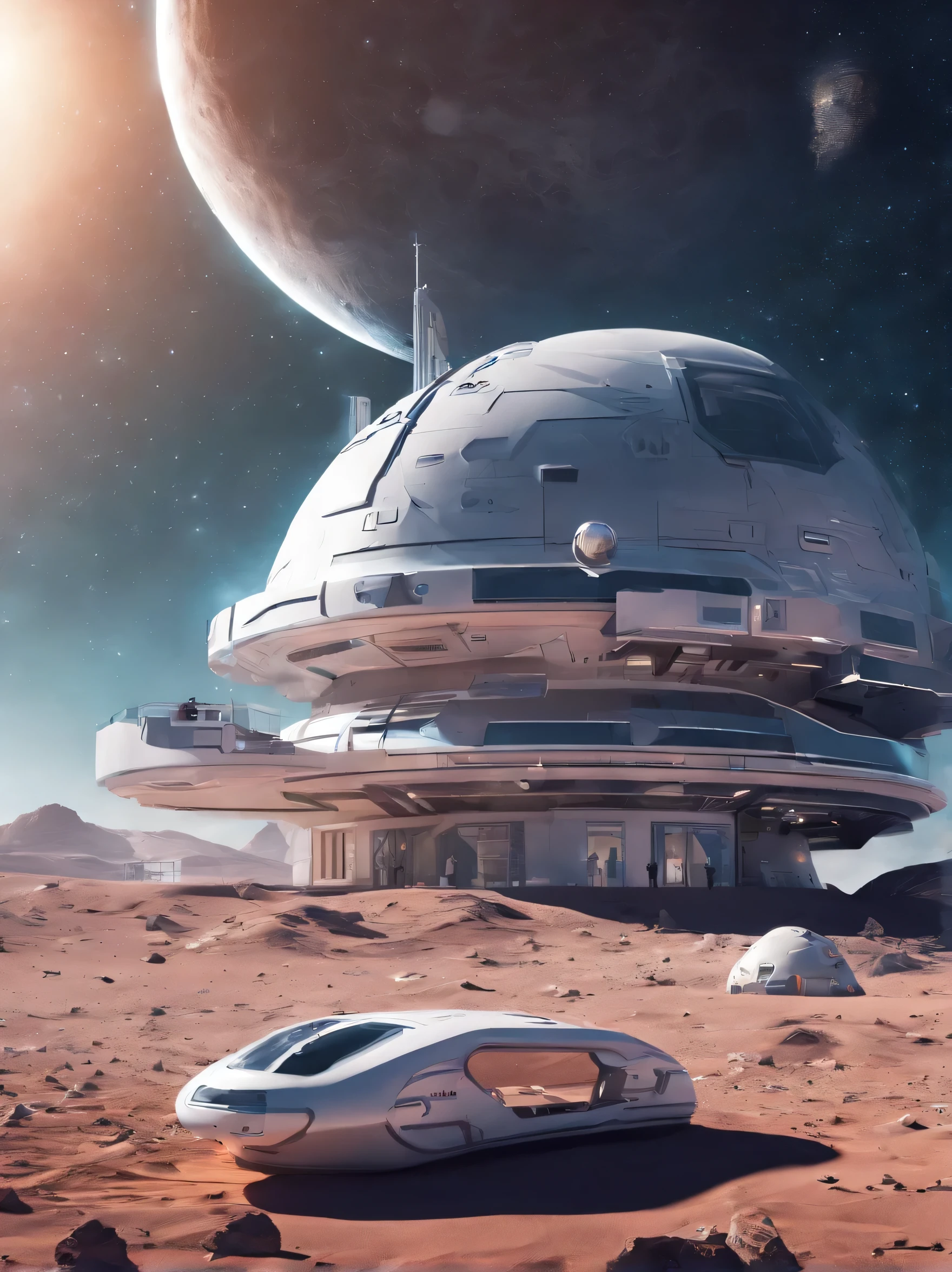 spaceship - like home on the moon with a view of the earth, concept art by Adam Marczyński, shutterstock, digital art, apartment building on the moon, moon base, space station on the moon, astronauts and space colonies, mars base, mars colony, hexagonal planetary space base, alien habitat, on the surface of the moon, futuristic house