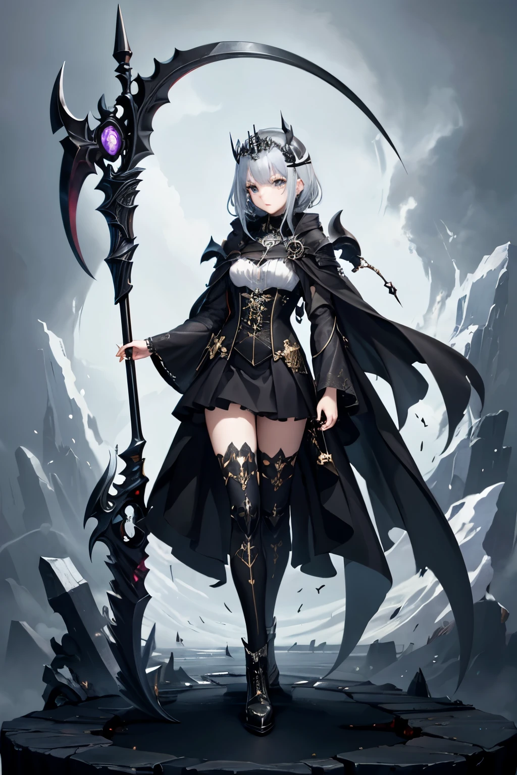 （（（highest quality、Masterpiece、Normal body、8k、Detailed face、Ultra-precision、Normal hand、Normal finger、５Finger、Highest）））Beautiful girl with golden and silver hair、Princess、Absolute Being、Twilight Dress、White and black skirt、Shiny Tiara、metal boots、Death Scythe、Game Scythe、grim Reaperの鎌、disaster々New Scythe、disaster々Aura、reap the soul、death penalty、Grim Reaper、grim Reaper、collapsing universe、Dimensional Destruction、The End of the Galaxy、Combat Ready、Death Scytheを振りかぶる、He lowers his waist, holds the scythe in both hands and swings it over his shoulder.、Brace your feet and put your hips in