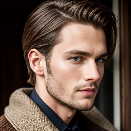 Color photo beautiful German man model, focus on character's face