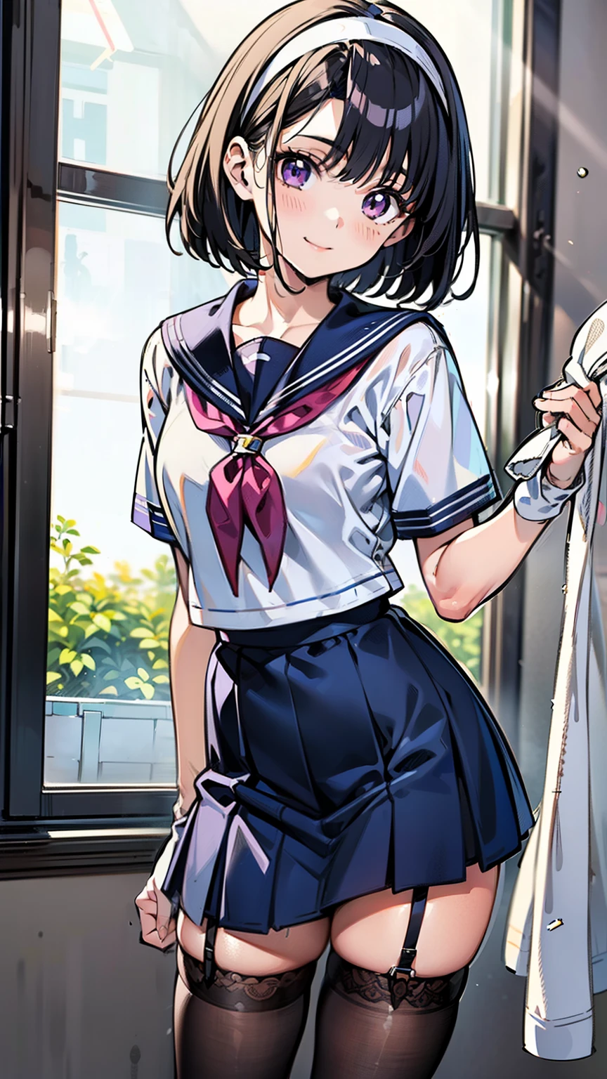 sailor uniform, sailor suit, one woman, (A beauty woman, Delicate high school girl:1.3), 8K, highest quality, masterpiece, Very detailed, Ultra-high resolution, Realistic, RAW Photos, Absolute Resolution, Black Hair, Bobcut, Small face compared to body, Very small face, Black Hair, Navy blue sailor suit, Navy Blue Skirt, High school girl in sailor suit, 2D Rendering of Anime, Realistic若いアニメの女子高生, , ((White headband)), Small breasts, tall, Slanted Eyes, Purple Eyes, Black Stockings, garter belt, smile, pet Shop, (cleaning　Wipe the windows:1.3),