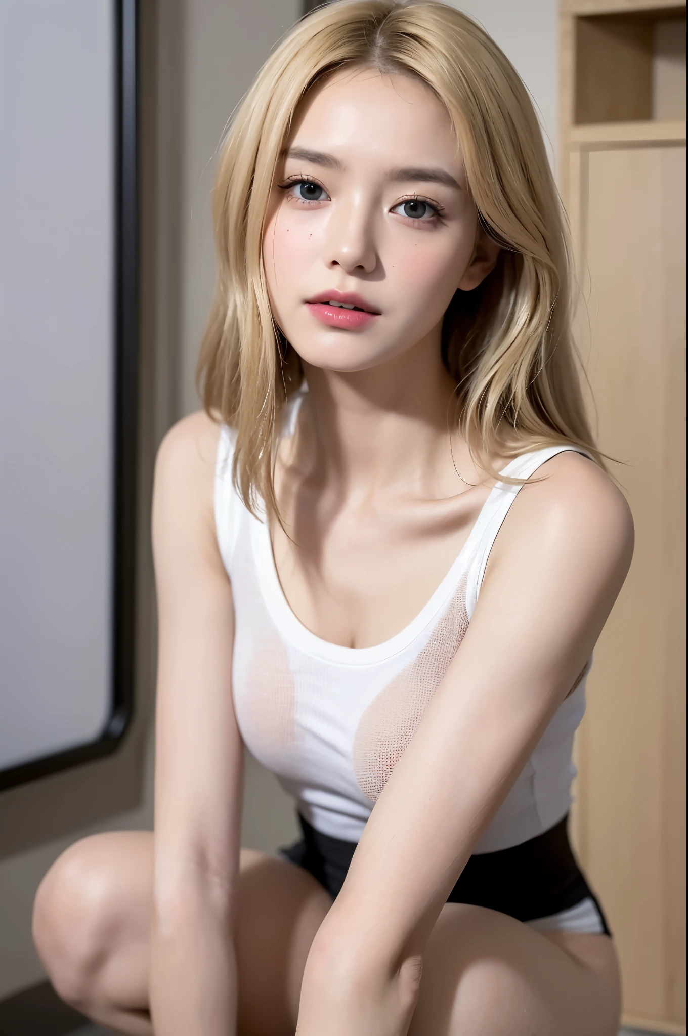 ((Best quality, 8K, Masterpiece:1.4), (one female), ((very small face:1.3), (shining skin:1.5), (very large breast:1.4), High detailed face and skin textures, detailed eyes, (sleeveless cotton T-shirt), italian woman, (blonde wave head:1.3), I wear socks, small_face, oversized_chest, sagging_chest, slim_legs, squatting, socks, it's in a very small space,