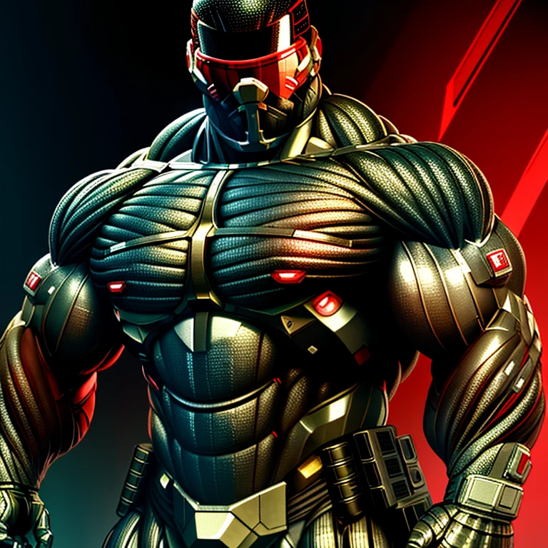 8K, Masterpiece, highres, future fiction. red visor, Detailed head, Detailed Body,full body, Detailed abs, wearing crNanosuit, big muscle (pecs, triceps, traps) unusually developed muscular body, body full of huge muscles. showing off muscles, pectorales enormes. Exaggeratedly huge muscles. Gigachad Muscular, gigantic muscles,