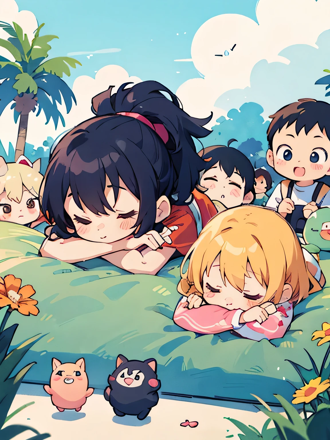 akira toriyama style, Kawaii Design, (((many people)))、most beautiful girl ever、Chibi, Colorful bob hair、((Lots of friends))、Everybody taking a nap outside