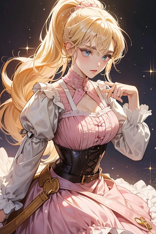 she wears her light hair in an arrangement between a slight beehive and a ponytail; her bangs divided in two, in a clean arch reaching cheek level. Her dark eyebrows rest high on her forehead.
She wears a pink dress with a thick corset belt at her waist, two smaller belts buckled around it. SPARKLE; GLITTER