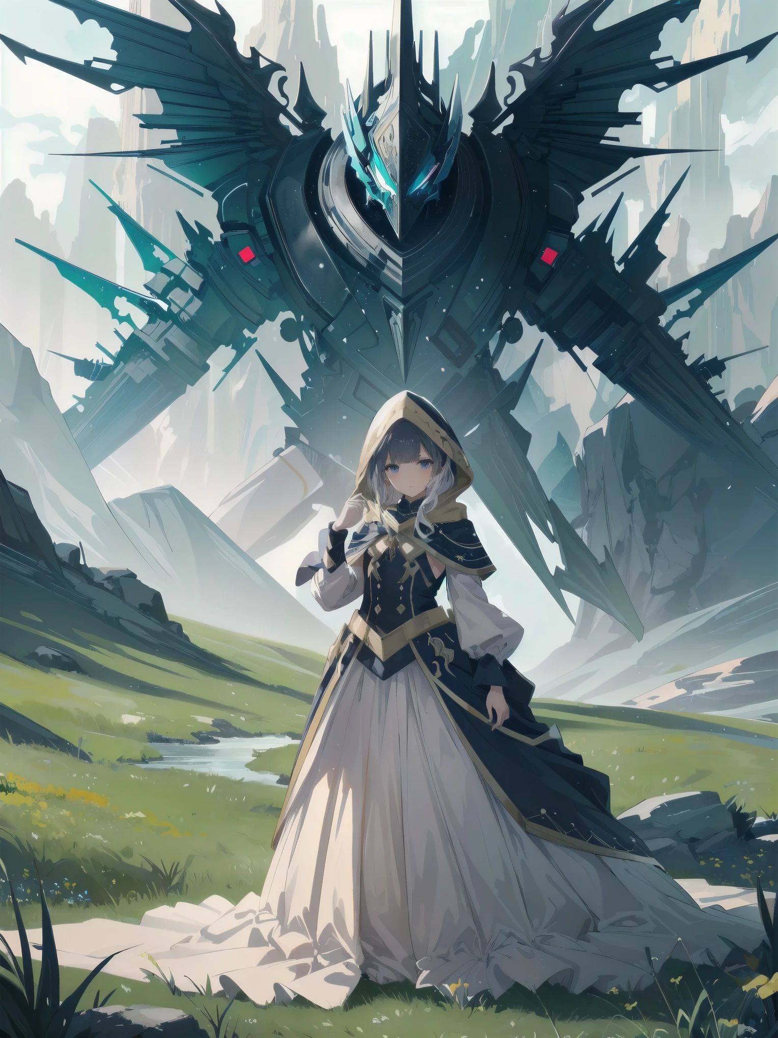 (Masterpiece, top quality, highest quality, official art, beautiful and aesthetic: 1.2), 1 girl, solo, marquise, adventurer, hood, meadow, detailed background, otherworldly fantasy with overwhelming modeling and super detailed amount of writing, one of the most powerful battle scenes, deep and detailed background, cute and beautiful girl, imaginative Cute girls, imaginative posing
