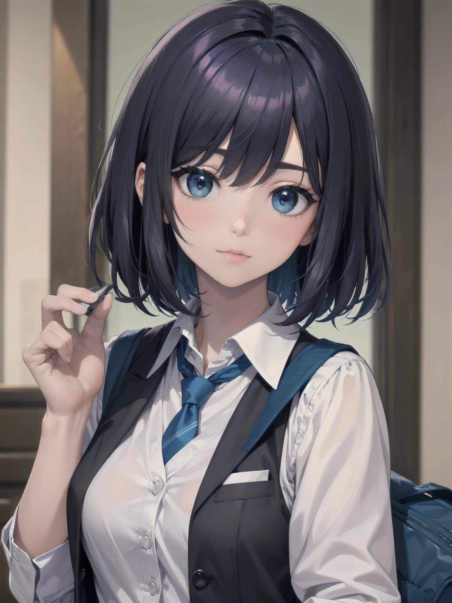 Masterpiece, top quality, super detailed, 16k, One girl, spring, high school, warm colors, school bag, accurate and highly detailed background, flock of schoolgirls in uniforms of various body shapes and hairstyles, cute. Blake. akane kurokawa, 1girl, short hair, blue hair, green eyes, black hair, medium hair, white shirt, collared shirt, , vest, white shirt, sweater vest, black vest, blue necktie, one-length bob, create bangs, add some lightness to the area around the face, and leave the ends of the hair thick throughout. dark blue-purple hair, blue eyes