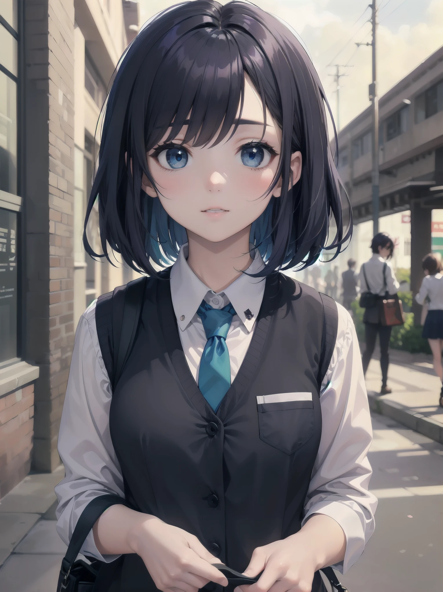 Masterpiece, top quality, super detailed, 16k, One girl, spring, high school, warm colors, school bag, accurate and highly detailed background, flock of schoolgirls in uniforms of various body shapes and hairstyles, cute. Blake. akane kurokawa, 1girl, short hair, blue hair, green eyes, black hair, medium hair, white shirt, collared shirt, , vest, white shirt, sweater vest, black vest, blue necktie, one-length bob, create bangs, add some lightness to the area around the face, and leave the ends of the hair thick throughout. dark blue-purple hair, blue eyes
