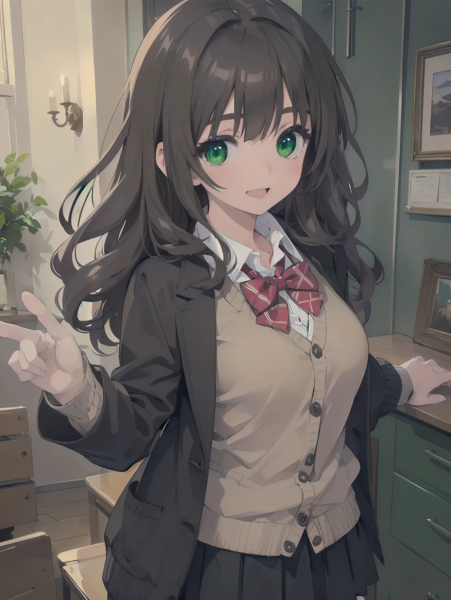 ((Tabletop, highest quality, High resolution, Perfect Pixel, Depth of written boundary, 4K))), One Girl, single, alone, Beautiful Anime Girls, Beautiful art style, Anime characters, ((Long Hair, bangs, Dark brown hair, Curly Hair:0.8)), ((Green Eyes:1.4, Fine grain, Beautiful Eyes, Perfect Eyes,Curled eyelashes, Realistic eyes)), ((Detailed face, Blushing:1.2)), ((Smooth texture:0.75, Realistic texture:0.5, Anime CG Style)), Medium chest, Dynamic Angle, Big Breasts, Perfect body, Dynamic pose, ((Red bow tie, , Black jacket, Open jacket, Brown cardigan, White shirt, Black Skirt, Checked skirt)), smile, Open your mouth, Put your arms behind your back, Leaning forward, Amalment Park