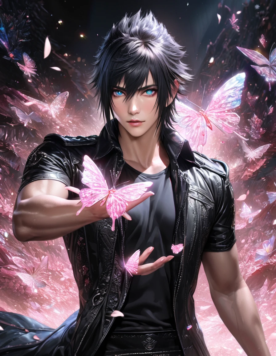 Ultra detailed, Highres, absurdres, HDR, master piece, Noctis Lucis Caelum, black hair, expressive blue eyes, Final Fantasy XV, black long coat with patterns, pink ice flowers, petals, extremely handsome, sexy man, solo, extremely detailed eyes and face, pink ice, pink ice glittering butterflies, black tight t-shirt, realistic face, glittering, glittering eyes, pink ice snowflakes, photo realism, hyper realism,