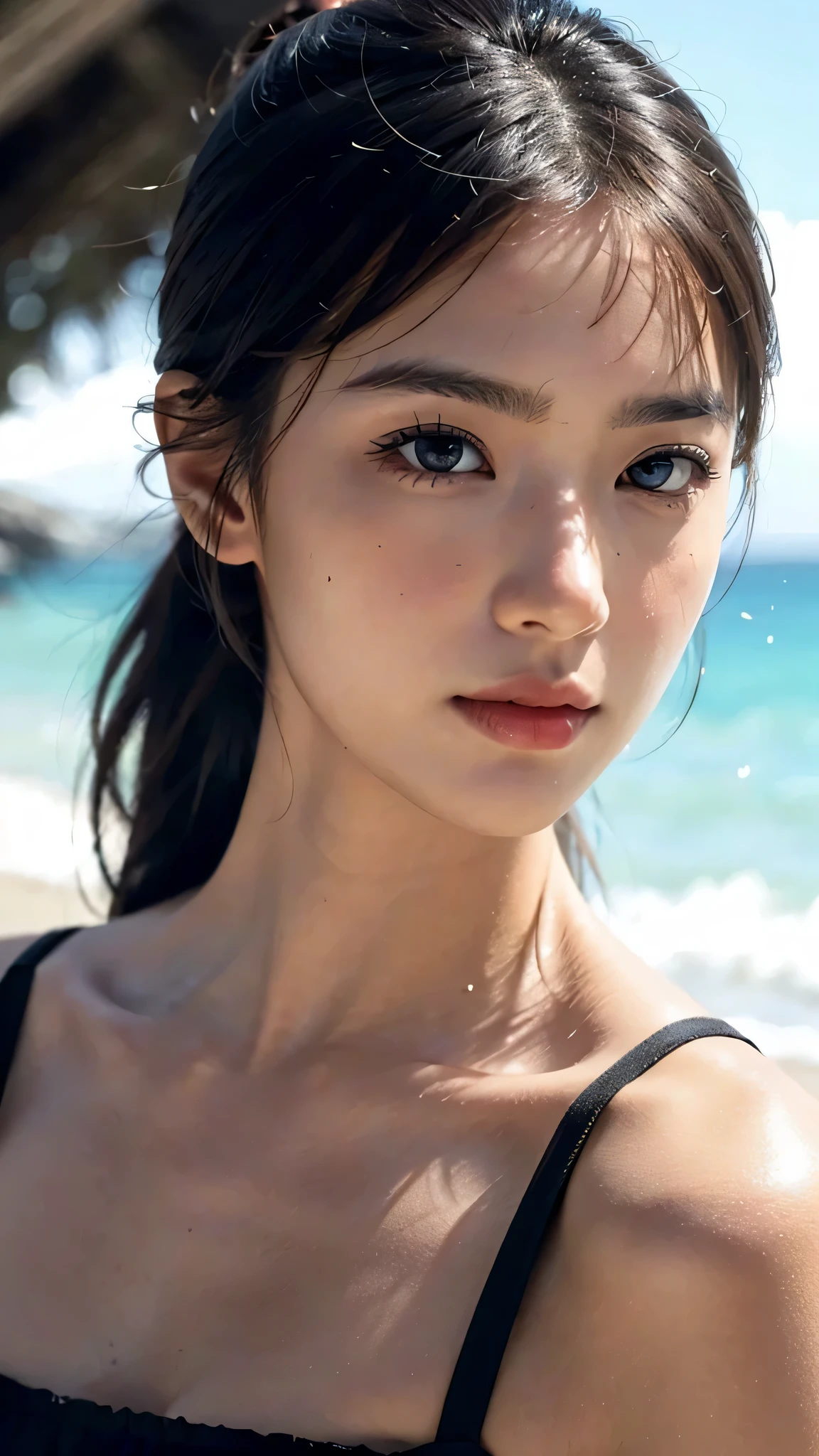 Beach,close-up of face,One woman,fully body photo,masutepiece, The highest image quality, High quality, the background is clear,Beautiful woman, Japanese, Detailed, Detailed eyes, Detailed skin, Beautiful skin, 超hight resolution, (reality: 1.4),Very beautiful woman, Slightly younger face, Beautiful skin, slender, (Ultra photo realsisim), (hight resolution), (8K), (Very detailed) (beautifully detailed eyes), (super detailed), (Detailed face), view the viewer, Fine details, Detailed face, Staring straight ahead, Staring straight ahead, photos realistic, Bright lighting, Professional Lighting, Black hair,poneyTail,a baby face,sixteen years old,Hairstyle: ponytail,Long ponytail hairstyle,slight smile,