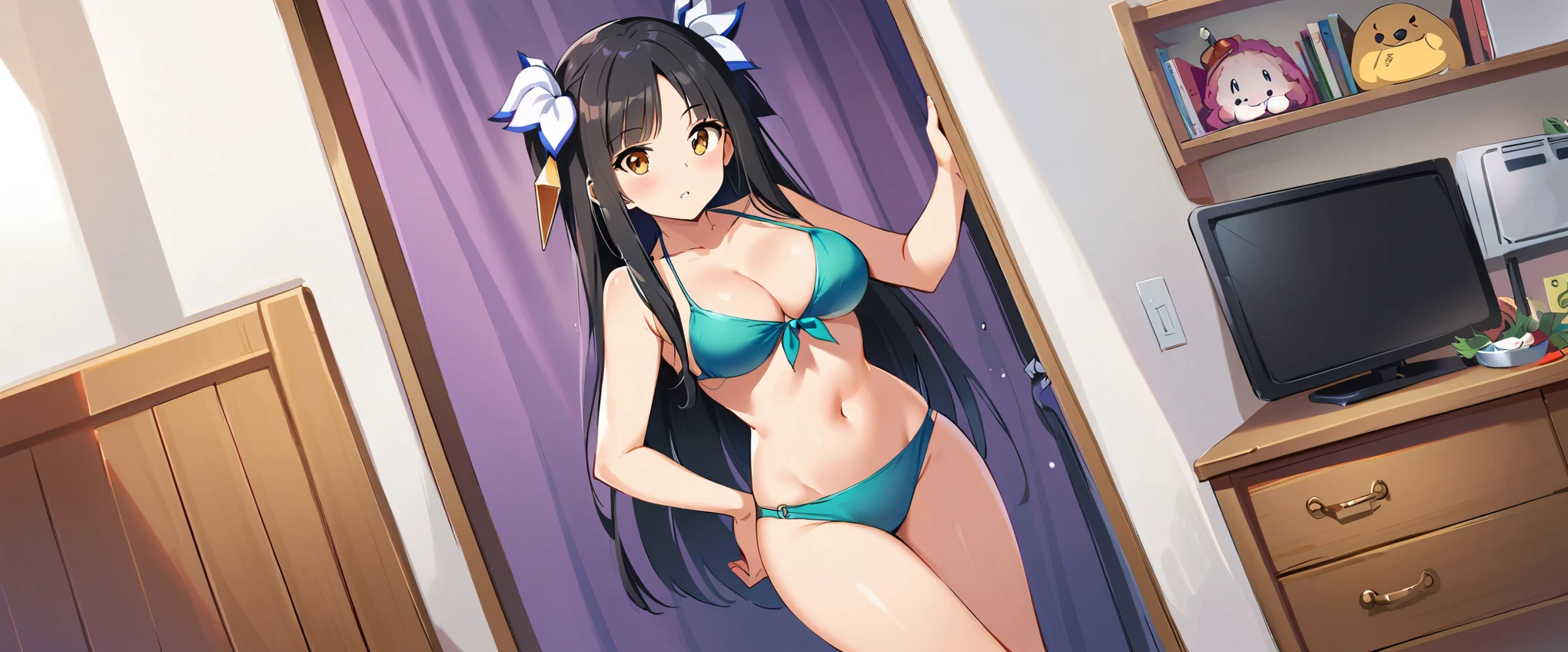 (obra maestra, Mejor calidad:1.2) Hestia, 1 chica, sola, de rodillas, pov, pelo largo, mirando al espectador, boca abierta, cara manchada de mayonesa, piel detallada en cuerpo, bikini, in room, lactancia