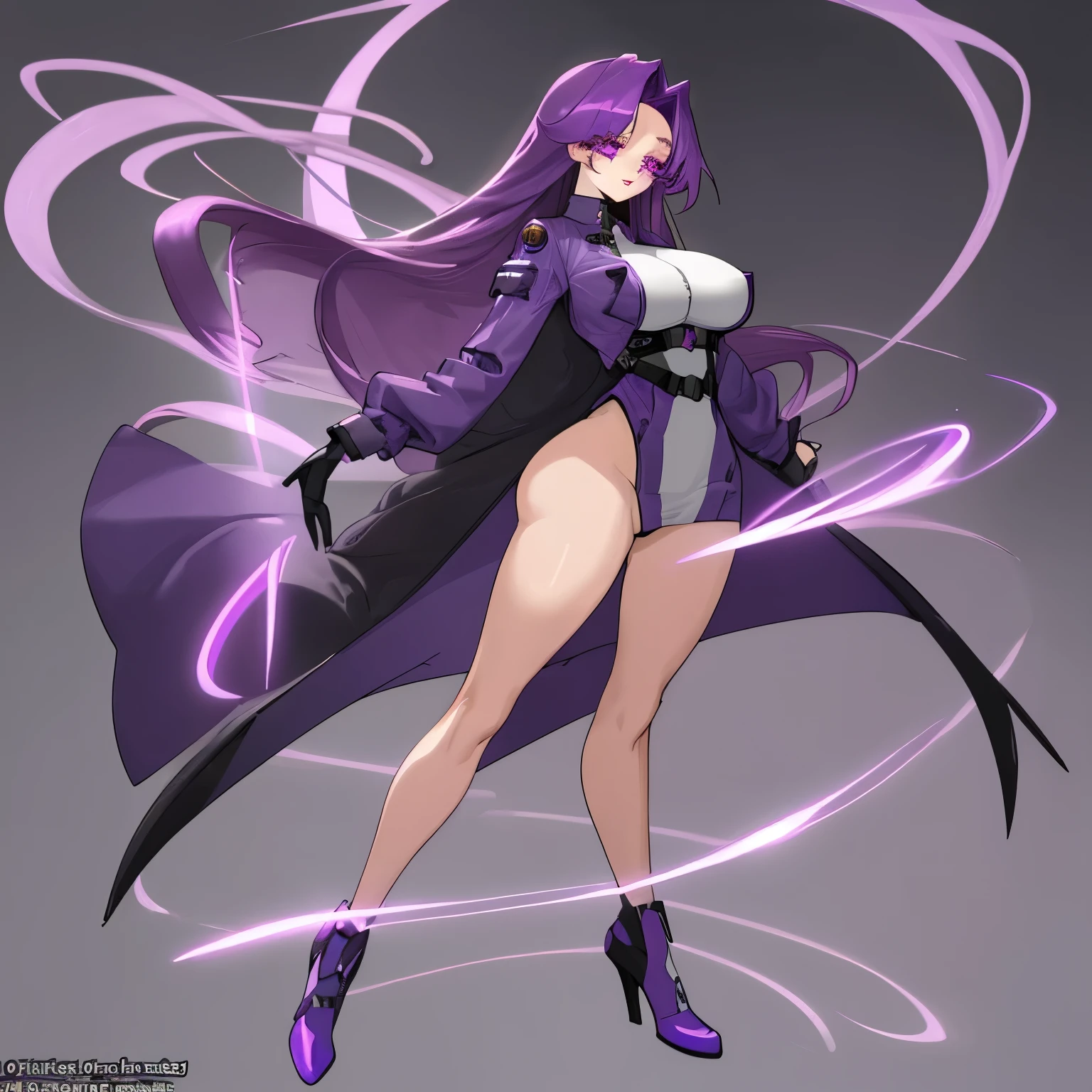 1girl, nsfw, very short haircut, hair covering left side of eyes, full body, purple violet skimpy magician clothing, d cup breasts, round hips, very light blue violet hair, looking at the right, magician attack pose, blank gray background