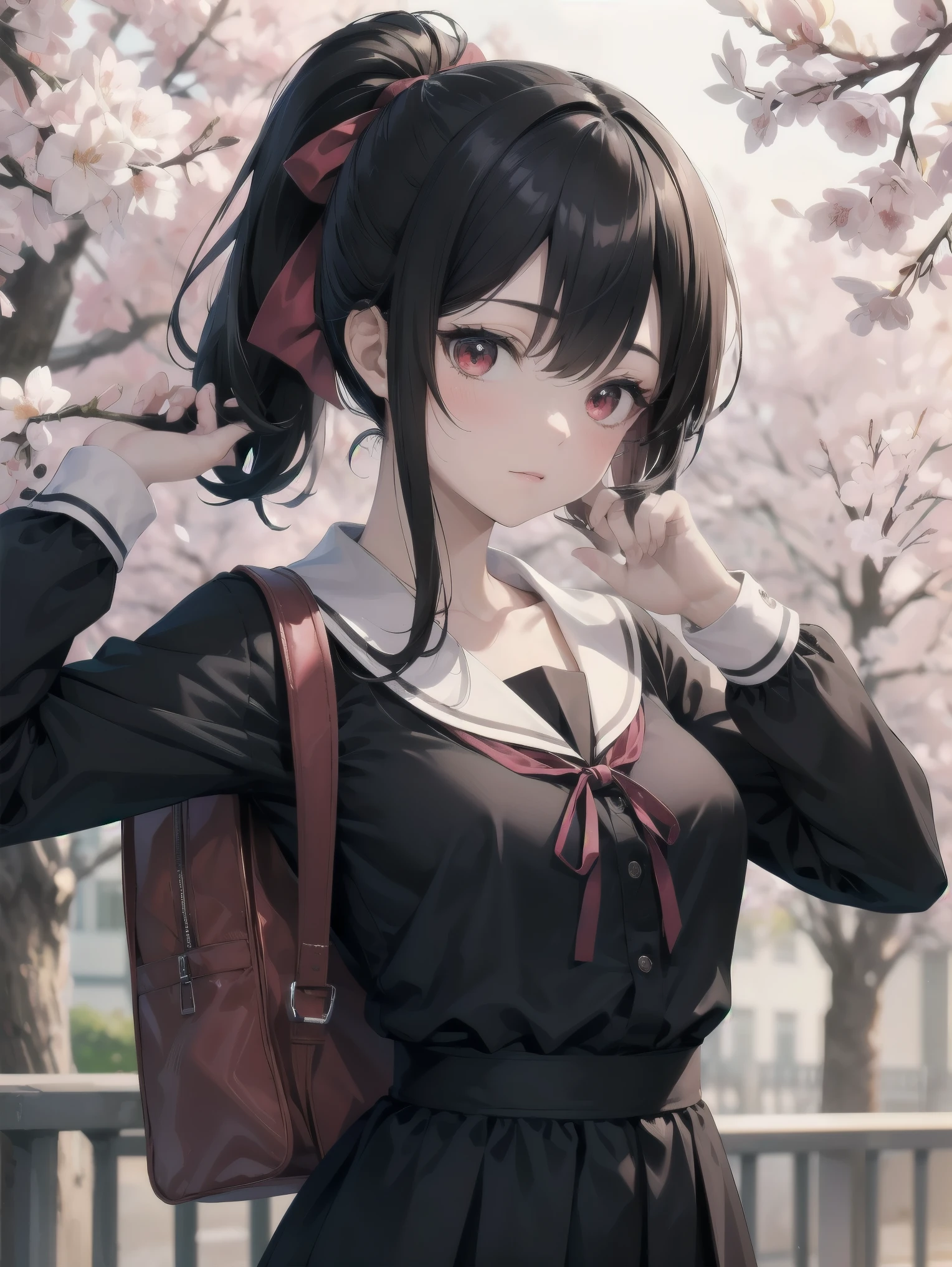 Masterpiece, top quality, super detailed, 16k, One girl, spring, high school, warm colors, school bag, accurate and highly detailed background, flock of schoolgirls in uniforms of various body shapes and hairstyles, cute. Blake. , red eyes, black hair, ribbon, red ribbon, hair ribbon, parted bangs, folded ponytail, , shuuchiin academy , dress, sidelocks, breasts, black dress, collarbone, short hair, long sleeves