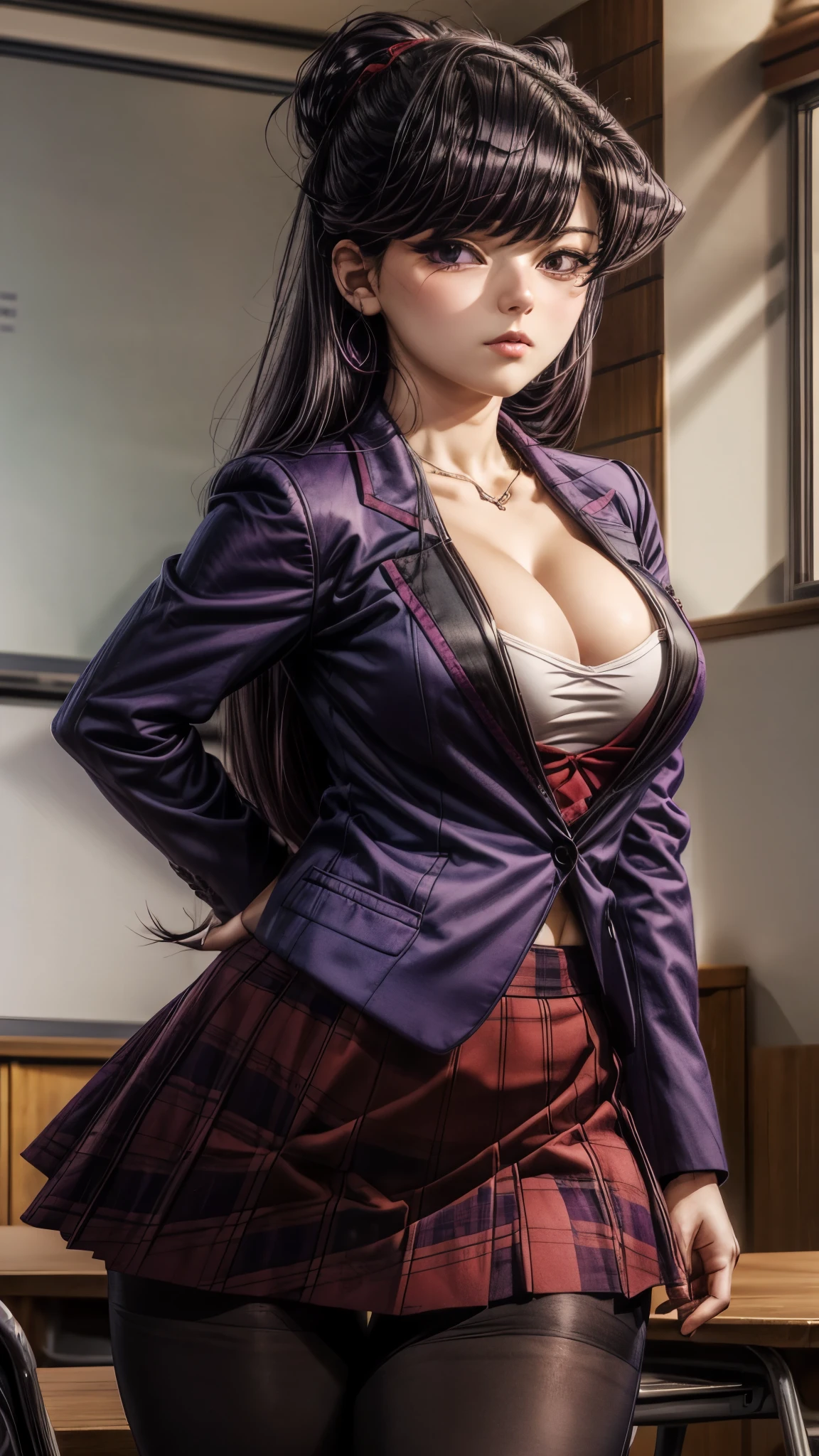 shokokomidef, purple hair, purple eyes, long hair, large breasts, thick thighs, curvy hips 
absurdres, 1girl, looking at viewer, standing, v arms, pantyhose, classroom, upper body, , red skirt, red bow, blazer,
masterpiece, best quality,