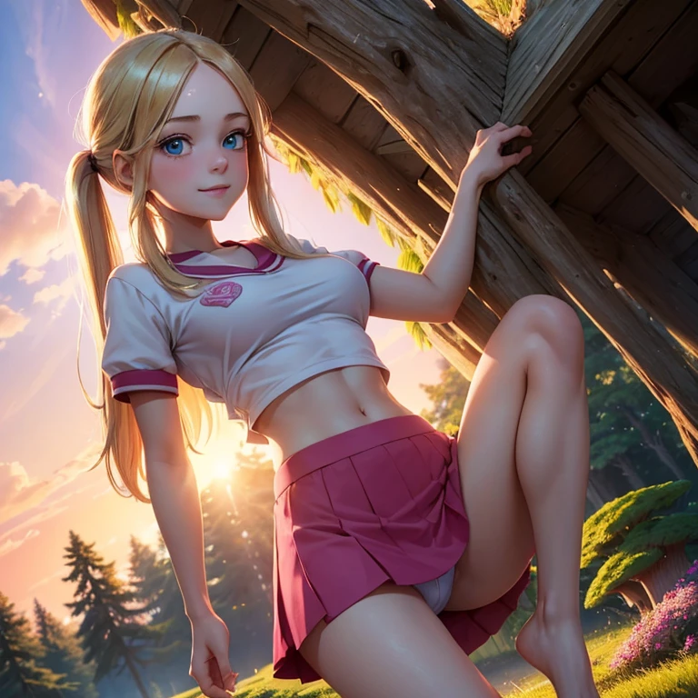 (masterpiece, best quality:1.4), (8K), Young blonde beauty, (((18 years old, neat girl))), detailed blue eyes, long eyelashes, blush, kind smile, upper body, horny, wearing a pink and white shcool uniform crop top, underboob, small ass, slender thin legs, pink skirt, (looking at viewer), beautiful blonde hair, white-skinned, long hair, bangs with pigtails, (medium size breasts), (mushroom forest, celestial forest, beautiful and magnificent pink sunshine, majestic sky), colorful natural light)