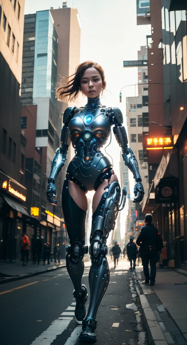 Cyborg girl runs down the street of a big city., passersby watch her with interest, high quality, absurd, masterpiece, Beautiful, complex parts, 1/2 body trimmings, slender body, Beautiful figure, Magnificent Anatomy, (complex parts:1.12), HDR, (complex parts, hyper detail:1.15), (natural skin textures, hyperrealistic, soft light, spicy:1.2)