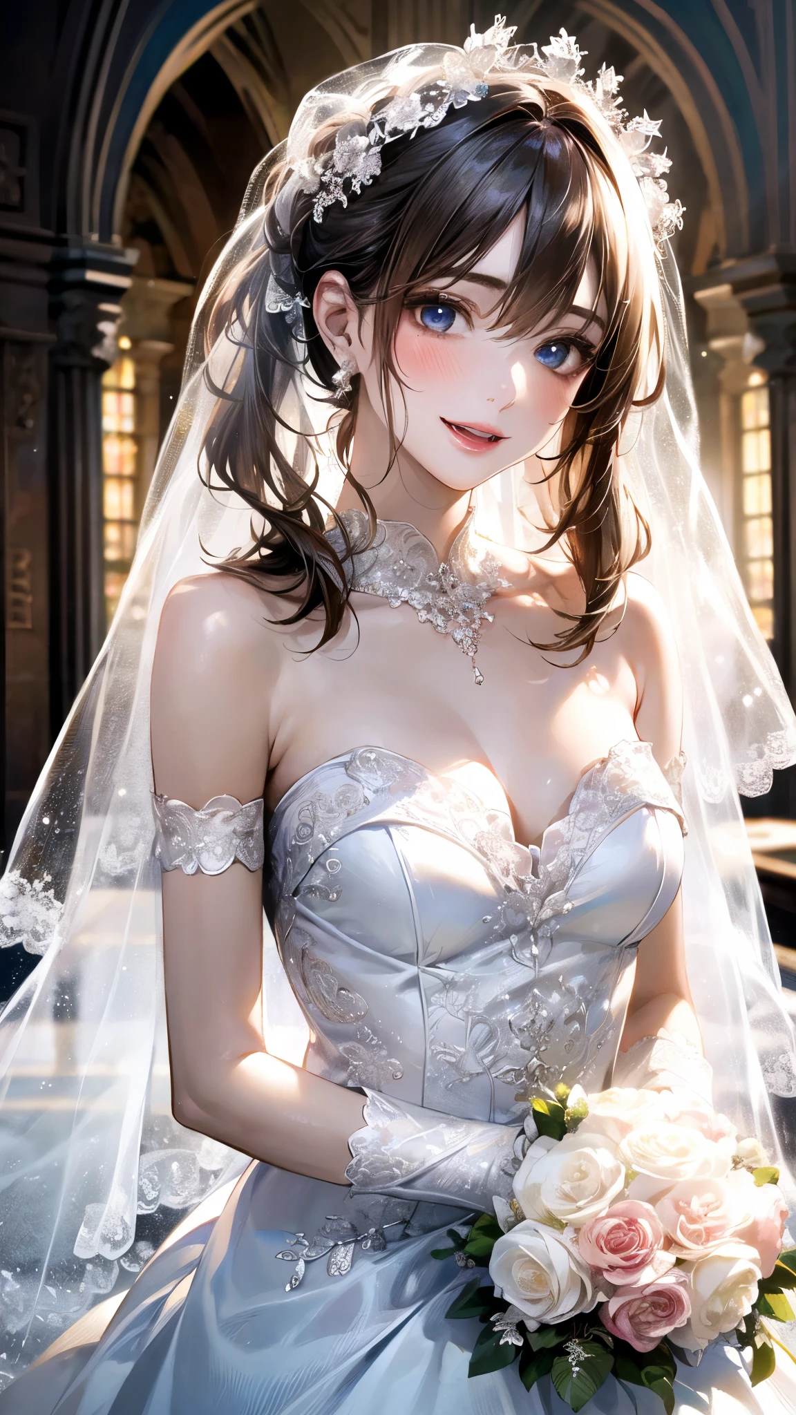 (masterpiece:1.3, top-quality, ultra high res, ultra detailed), (realistic, photorealistic:1.4), beautiful illustration, (natural side lighting, movie lighting), depth of fields, detailed cloth texture, 
looking at viewer, bust photo, 1 girl, 16 years old, perfect face, (perfect anatomy), cute and symmetrical face, baby face, shiny skin, slender
(middle hair:1.5, side ponytail:1.4, blonde hair), hair between eyes, blue eyes, pink lips, long eye lasher, (large breasts:1.3), 
beautiful hair, beautiful face, beautiful detailed eyes, beautiful clavicle, beautiful body, beautiful chest, beautiful thigh, beautiful legs, beautiful fingers, 
head flower, headdress, (strapless wedding dress:1.5), (silk dress:1.2), necklace, earring, cleavage, bouquet, (lace gloves:1.2), (bridal veil:1.2), (short transparent veil:1.2), 
(beautiful scenery), evening, (flower garden, outside church) standing, (seductive smile, blush, open mouth small), 