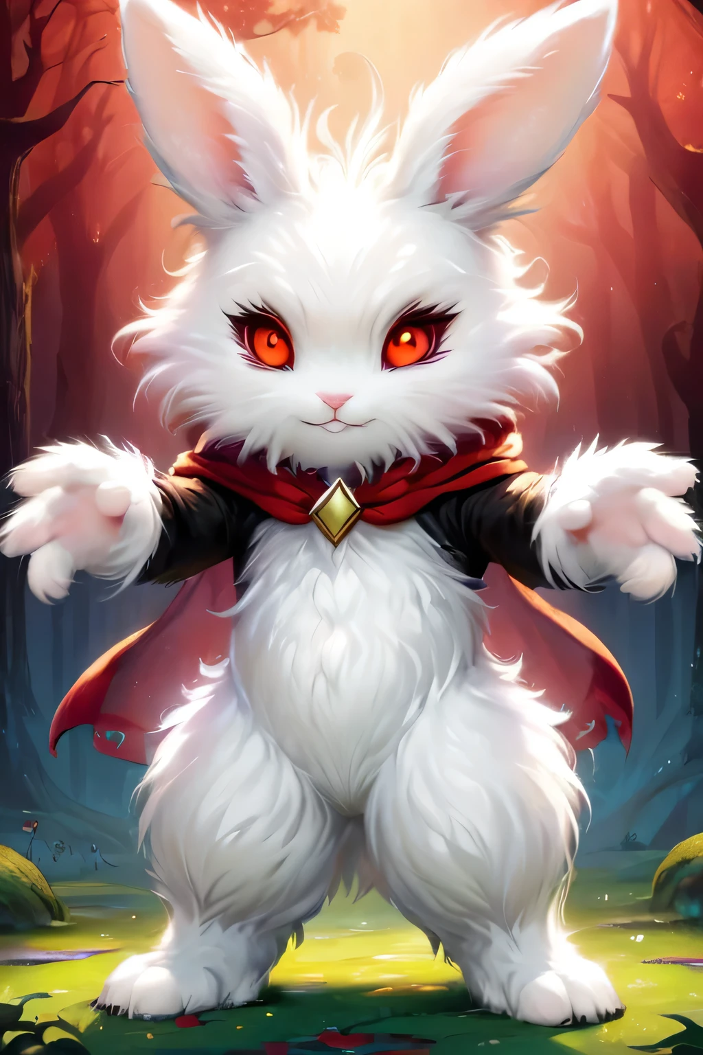 fantasy art , 8K, HD, Creature magic,white,red eyes,male,cute,pretty,monster,bunny,standing,anthro,white furry,looking in the camera,fluffy hands,klonoa game style