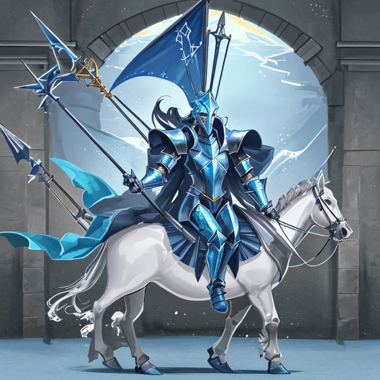 Man looking like a sea creature with knight clothes wearing blue metal armor with a mounted cavalry spear and a trident in an arena 