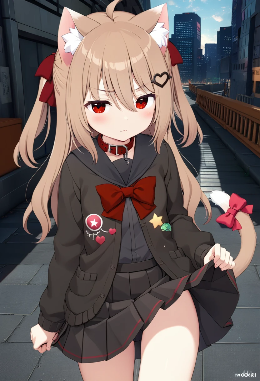 1girl, evil neuro-sama, (yuzu modoki), cowboy shot, turtle, star \(symbol\), black skirt, pleated skirt, red eyes, red bow, black sailor collar, black cardigan, open cardigan, dark red ribbon, hair ribbon, two side up, ahoge, heart hair ornament, long sleeves, light brown hair, natural lighting, (masterpiece, best quality), cityscape, skyline, detailed scenery, (3d render:0.7), highly detailed, finely detailed, animal collar, leash, leash pull, cat ears, cat tail, tail bow, skirt lift,
