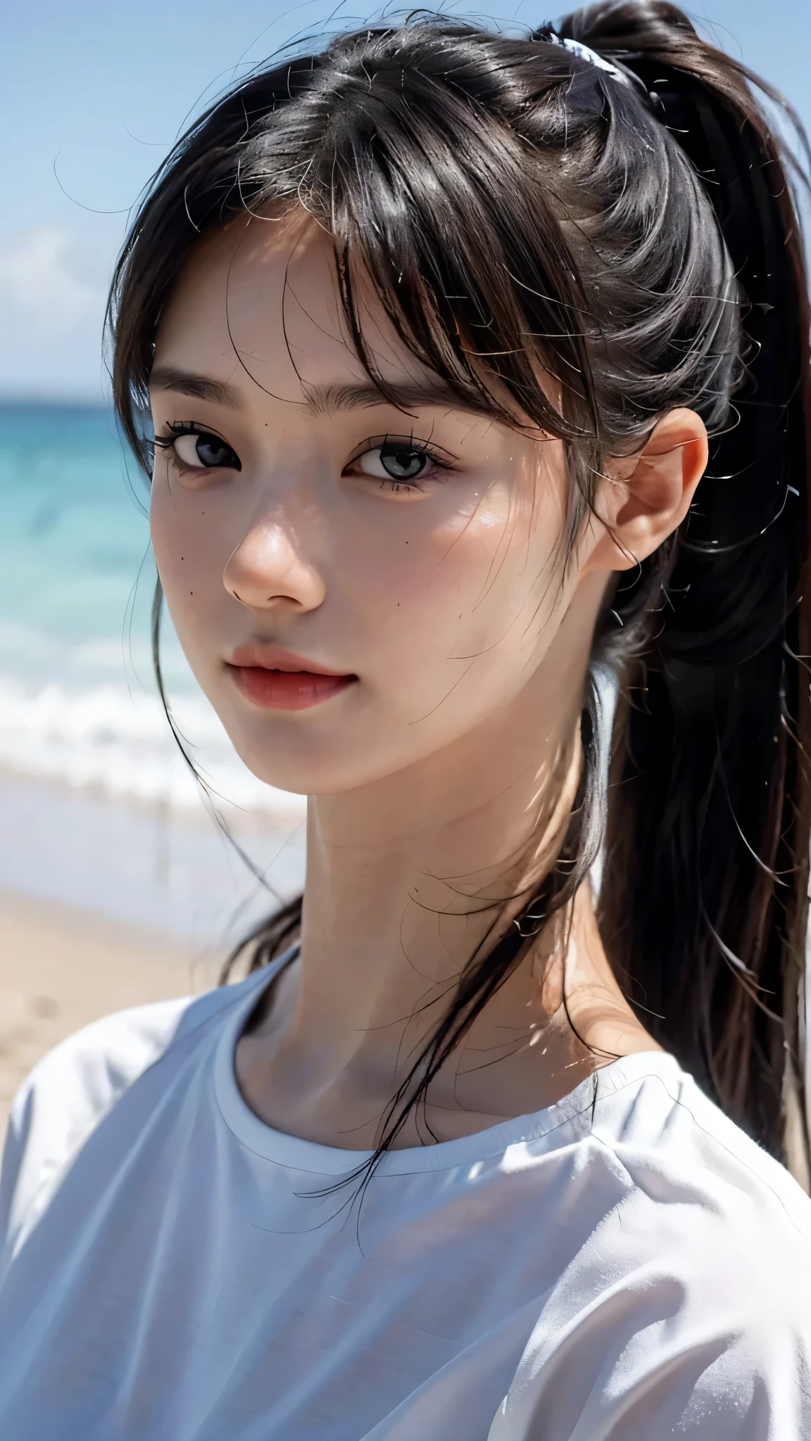 Beach, white bikini,close-up of face,One woman,fully body photo,masutepiece, The highest image quality, High quality, the background is clear,Beautiful woman, Japanese, Detailed, Detailed eyes, Detailed skin, Beautiful skin, 超hight resolution, (reality: 1.4),Very beautiful woman, Slightly younger face, Beautiful skin, slender, (Ultra photo realsisim), (hight resolution), (8K), (Very detailed) (beautifully detailed eyes), (super detailed), (Detailed face), view the viewer, Fine details, Detailed face, Staring straight ahead, Staring straight ahead, photos realistic, Bright lighting, Professional Lighting, Black hair,poneyTail,a baby face,sixteen years old,Hairstyle: ponytail,Long ponytail hairstyle,slight smile,
