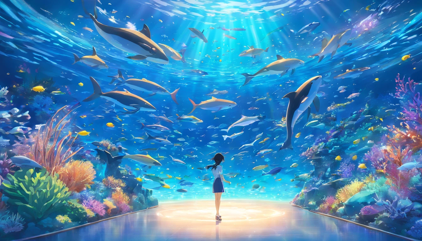 SeaWorld FontaineBright Lights of the Sea, Schools of fish form a spiral surrounded by marine life