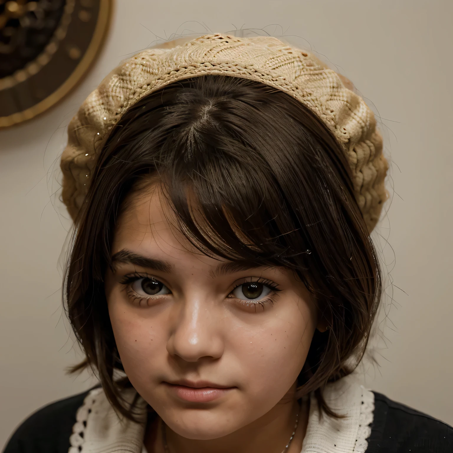 Face of a 14 year old woman. su cara es redondita y lisa. Es muy linda y adorable, tiene el pelo negro oscuro que le llega al cuello, tiene el pelo un poco rizado, ella es de tez blanca y tiene una nariz fina. Usa anteojos dorados y redondos, tiene una cara muy tierna. Solo se le ve desde los hombros hacia arriba