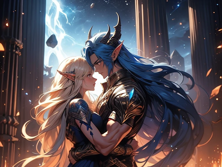 a tall male elf with huge muscles demon horns and dark blue long hair wearing armor hugging a female blonde elf in a medieval room near a pillar, dangerous huge burning meteor falling down outside from the sky, dark sky, dangerous athmosphere, lovers, male with blue hair and female blonde elf, meteors in the sky