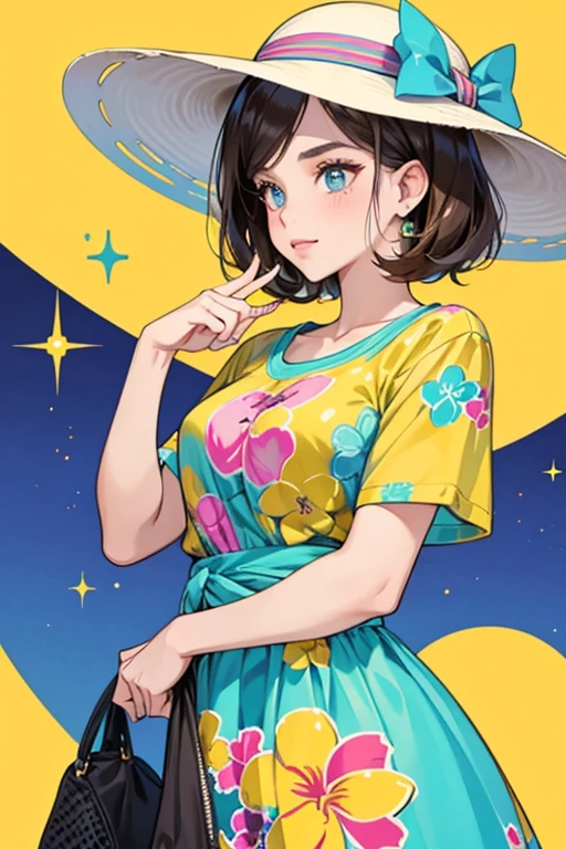 Barbara is a woman of average size. She has short, dark bobbed hair. In her casual attire, she wears a lightly colored headband and a t-shirt which has the phrase "Aloha" on it, while her work attire consists of a lightly colored polkadot dress and a sunhat. SPARKLE; GLITTER