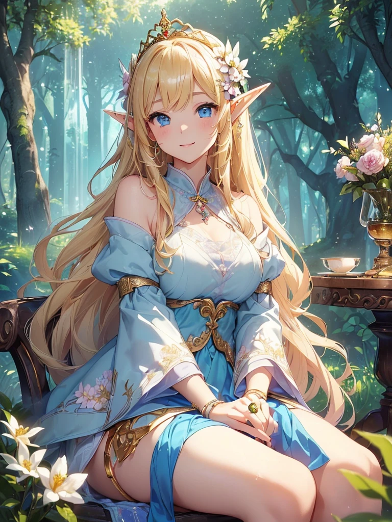 最high quality、Best image quality、masterpiece、The season is spring、With a girl((20-year-old、Best Bust、、Bust 90,Beautiful Blue Eyes、,Blonde long hair、In a beautiful dress、Close-up、Sitting on a chair、table、tea、flower、flower瓶、Magic Harp、Gold ring on wrist、Beautiful tiara、high quality、Beautiful art、Background Asahi、Visual Arts、Depth of written boundary、reading、 、Low angle、Sexy、Elf Ears、Feathers glow in iridescent colors、The magic of light、In the beautiful forest、Big Tree Night、、Fun Concerts、Smile、Gentle light、Magic Palace