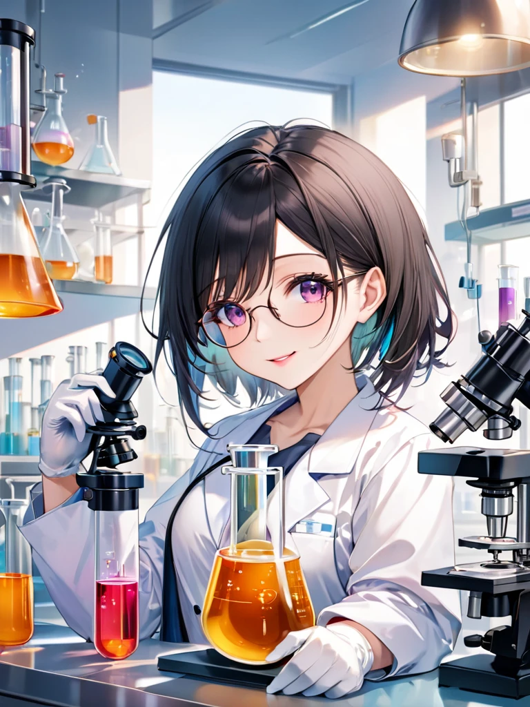 (best quarity,ultra detailed,ultra-high-resolution, 8k, masterpiece), very-cute-and-beautiful-anime-girl,highly-detailed-face-and-eyes, Intelligent woman,Black Hair,White skin,Pink Lips, Wearing a researcher's lab coat, Round rimmed glasses,White rubber gloves, Institute of Chemistry, Test tube, beaker, microscope, flask, Glancing sideways at the viewer,smile, Open your lips,