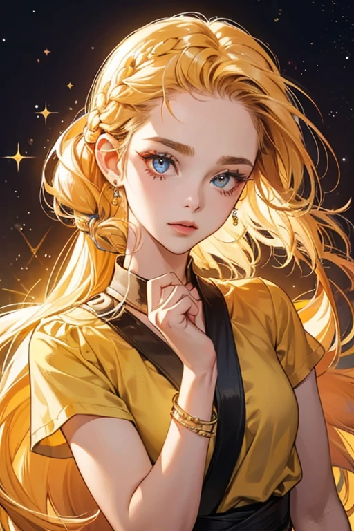 She wears her hair in braided locks and multiple barrettes and has long, triangular scars approaching her eyes and lips on her forehead and chin.
She has some bracelets on her upper arms, and has a yellow shirt. SPARKLE; GLITTER