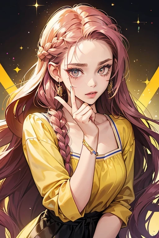 She wears her hair in braided locks and multiple barrettes and has long, triangular scars approaching her eyes and lips on her forehead and chin.

She has some bracelets on her upper arms, and has a yellow shirt. SPARKLE; GLITTER