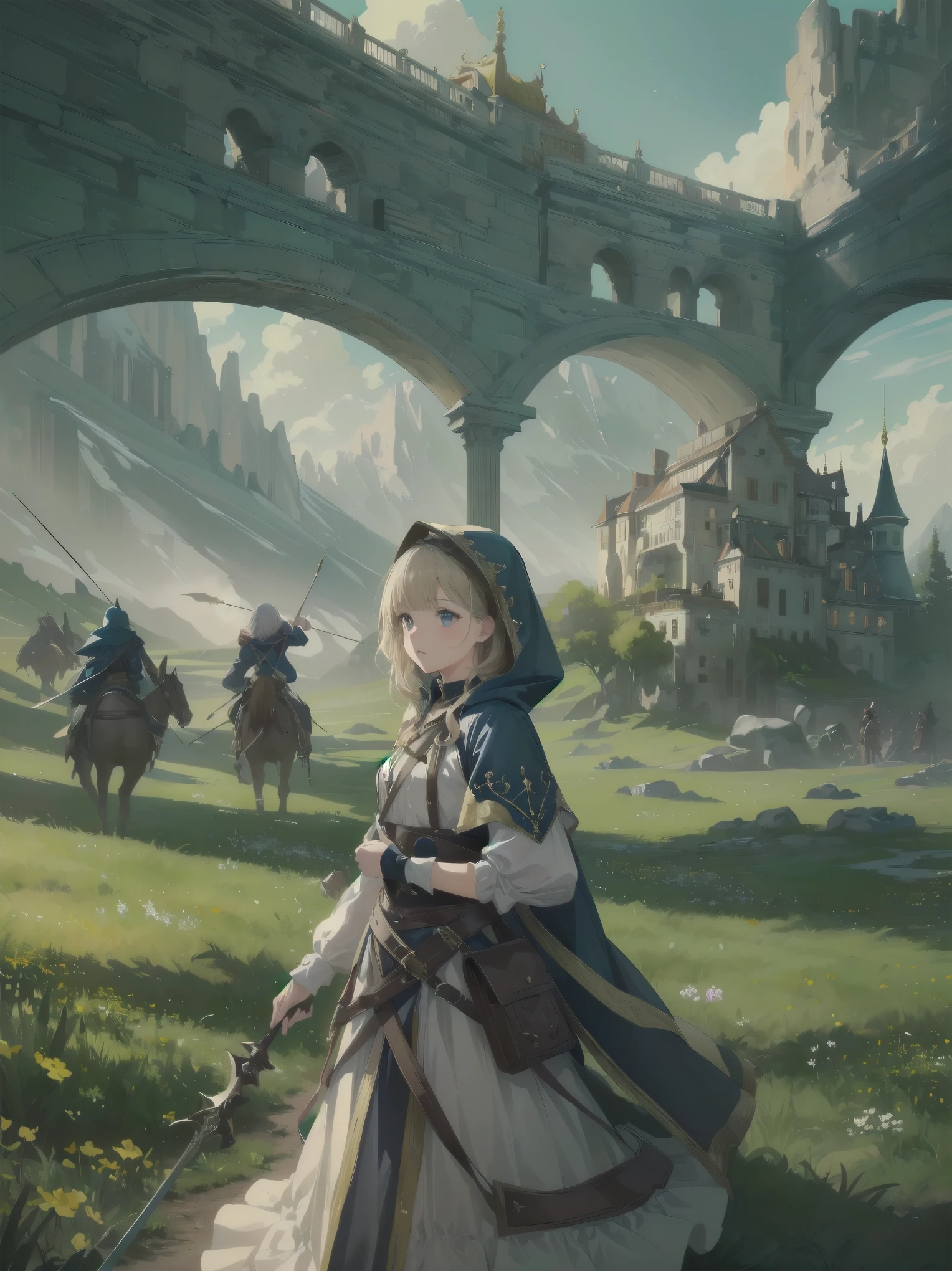(Masterpiece, top quality, highest quality, official art, beautiful and aesthetic: 1.2), 1 girl, solo, marquise, adventurer, hood, meadow, detailed background, otherworldly fantasy with overwhelming modeling and super detailed amount of writing, one of the most powerful battle scenes, deep and detailed background, cute and beautiful girl, imaginative Cute girls, imaginative posing