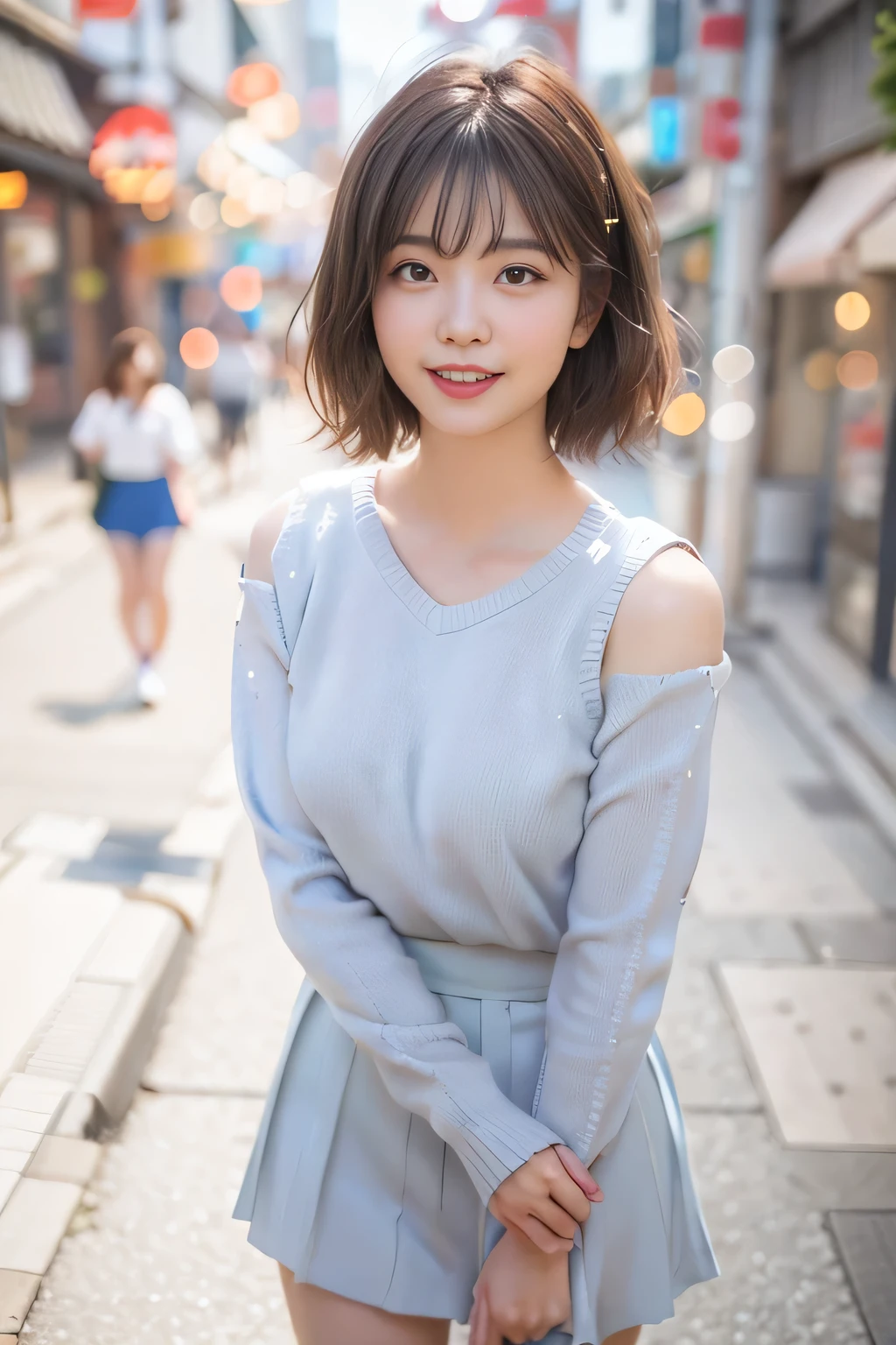 (Skin wounds:1.2), (Skin dents), Bear, 1womanl, Age 25, (((woman))), alone, Realistic, highest quality, Realistic, Learning, 8k, High resolution, alone, Highly detailed face, (Professional Lighting，Bokeh），（Particles of light，Lens flare brilliance，Luminous Particles：0.6），（Dynamic Pose：1.2），Gentle soft lighting，Top corner view，Trendy atmosphere，Japanese，Street，city，Tokyo，port，（（During the day)), Sky Sky, ((View your viewers:1)), (Looking into the camera), cowboy pictures, Gorgeous, Stand on your own two feet, Maintain the original face proportions, Shave your shoulders, Full Body Lesbian, (Medium Chest), (Short fine hair), Brown haired, Spread your wings, Lips parted, lipstick, Captivating smile, Spread your wings, smile, Open your mouth, teeth, (Blue-gray skinny sweater), (A white business skirt that hugs the hips，Ultra short), eyelash, Birthmark, (Mole under the eye: 1),Symmetrical thin white legs，White and soft lotus paws，Without shoes，Beautiful legs with attention to detail，pay attention to the chest，Full body photo