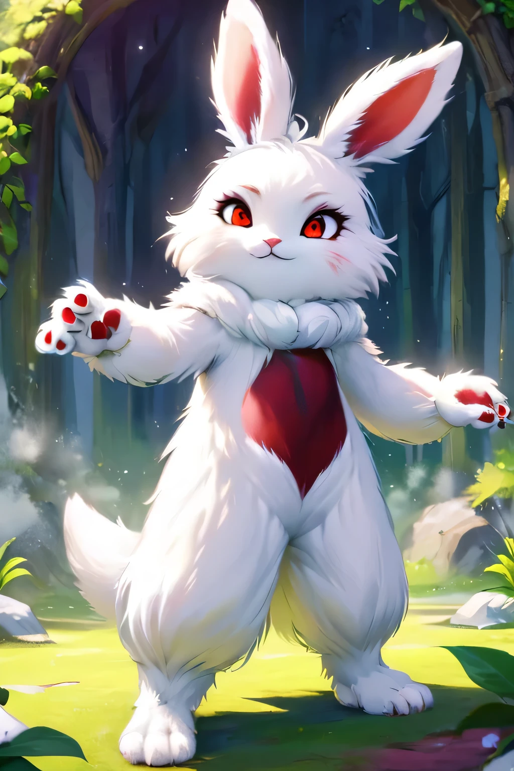 fantasy art , 8K, HD, Creature magic,white,red eyes,male,cute,pretty,bunny,standing,anthro,white furry,looking in the camera,fluffy hands,klonoa game style